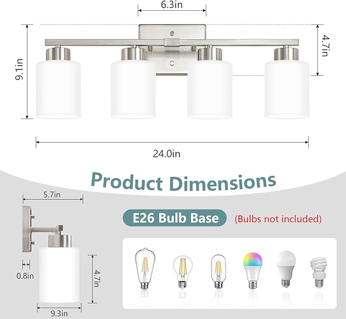 Brushed Nickel Bathroom Light Fixtures, 4-Light Modern Vanity Lights with Milky White Frosted Glass Shades, Wall Sconces for Mirror, Bathroom, Restroom (E26 Socket)