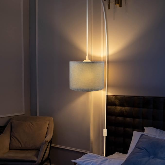 KUAUGST Plug in Pendant Light, 15 FT Hanging Lamp with Plug in Cord, On/Off Switch, Pendant Lighting with Fabric Shade, Hanging Light Fixture for Living Room, Bedroom, Dining Room, Kitchen (Gray)