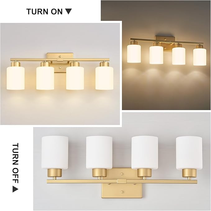 FonmYim Gold Bathroom Light Fixtures, 4-Light Modern Vanity Light Over Mirror, Wall Sconces with Milky White Frosted Glass Shades, E26 Socket (Bulbs Not Included)