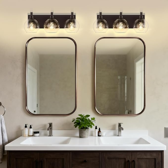 IZORRO Bathroom Light Fixtures, 3 Light Oil Rubbed Bronze Vanity Light, Modern Wall Sconces with Globe Clear Glass Shade, Vanity Lighting Fixtures Over Mirror,E26 Bulb Socket