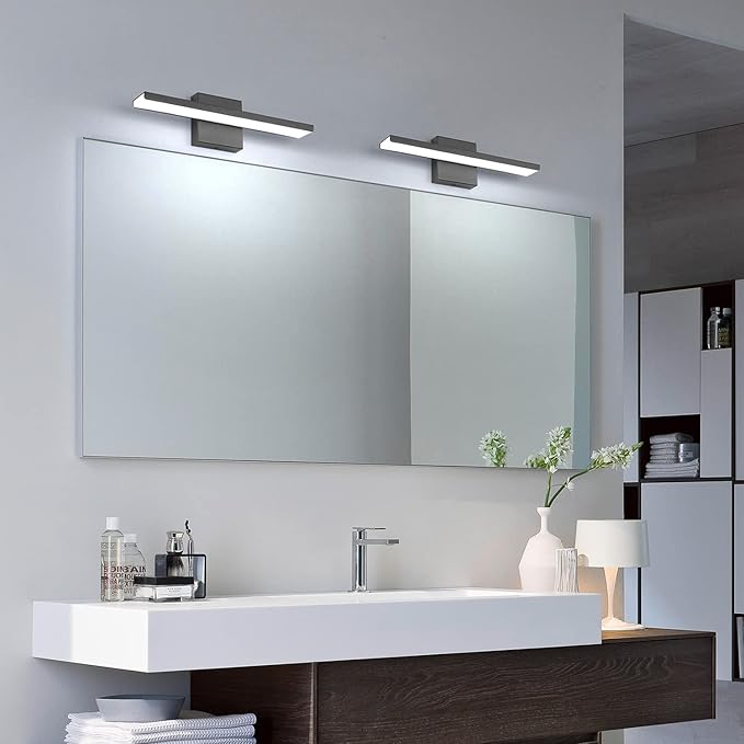 JUSHENG Black Modern LED Bathroom Vanity Light Fixtures, 16 Inch 16W Bathroom Light Fixtures Over Mirror, Wall Light Fixtures Cool White 6000K