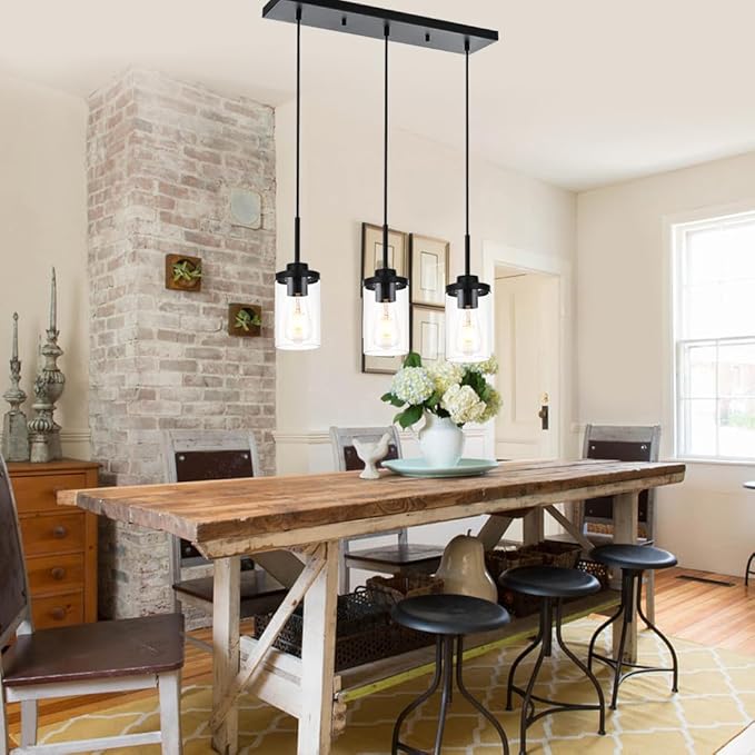Pendant Lights Fixtures with Clear Glass Black Kitchen Light fixtures 3-Lights Hanging Light for Kitchen Island Dining Room Height Adjustable
