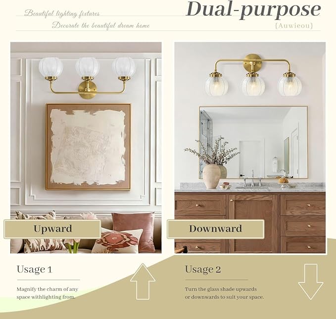 Vintage Wall sconces Bathroom Vanity Lights Over Mirror 3 Light Gold Wall sconce with clear Glass Shade mid Century modern Wall Sconce Glass globe wall lamp Wall Lighting for Bedroom Doorway Hallway