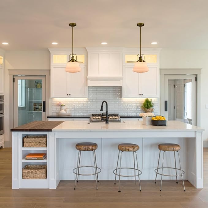 DEYNITE Nautical Gold Pendant Light Fixtures Milk White Glass Schoolhouse Hanging Adjustable Light for Kitchen Bedroom Dining Bathroom