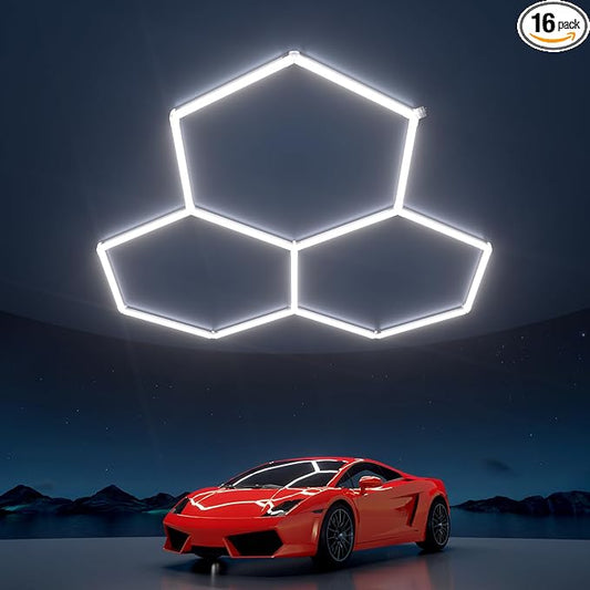 Hexagon Garage Lights 105W 12600LM, 6500K Ultra-Bright Hexagon LED Lights for Garage, 3 Grid Systems Honeycomb Hex Light for Workshop, Basement, Car Detailing, Gaming Room