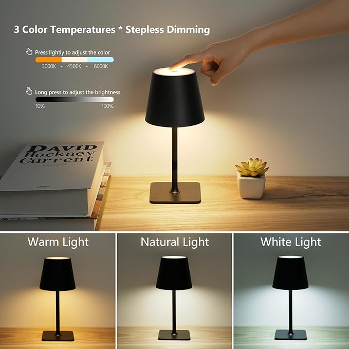 Fizrice 4 Pack Cordless Table Lamps, Portable Rechargeable Lamp, 6000mAh Battery Operated, 3 Color Dimmable LED Table Light for Restaurant/Bedroom/Outdoor Party/Camping/Cafe Night Light(Black)