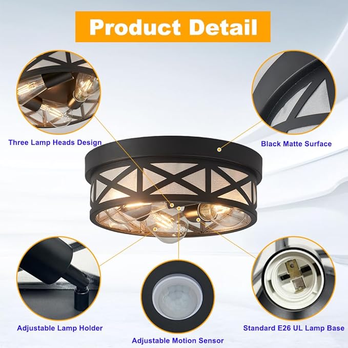 Adjustable Motion Sensor Flush Mount Ceiling Lights,3-Light Outdoor Ceiling Light Fixture for Entryway,Hallway,Porch,Patio,Storage Room and Garage,12 inch Round Matte Black Metal Modern Ceiling Lamp