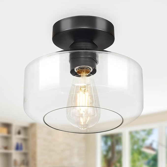 Industrial Semi Flush Mount Ceiling Light: Black Kitchen Lighting Fixtures Ceiling with Clear Glass - Vintage Hallway Light Fixtures E26 Bulb Included - 8.46” Light Fixtures Mount for Foyer