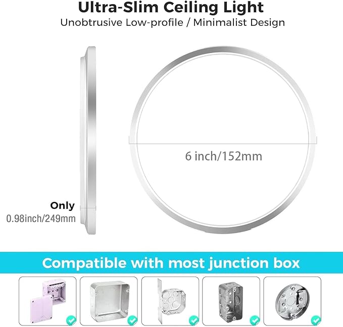 zemty 6Pack 6.5Inch LED Ceiling Lights Brushed Nickel, 12W 1200lm Small Flush Mount Light Fixture, 3000K/ 4000K/ 6500K Round Flat Recessed Ceiling Lights for Kitchen, Closet, Hallway,Pantry