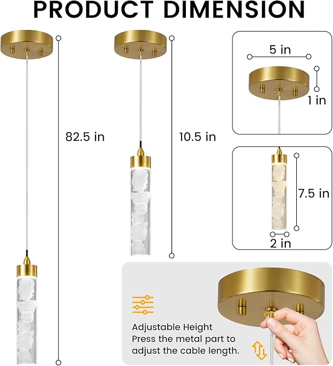 Pendant Lights Kitchen Island, Modern Mini Pendant Light Fixtures with Crystal Stone, Dimmable LED Chandelier, Gold Hanging Light Fixture for Dining Room Hallway, 3000K/4000K/5000K Adjustable, ETL