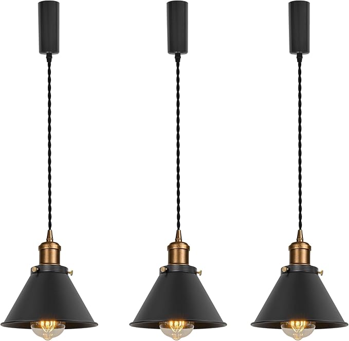 Set of Three Adjusted Wire Length H-Type Track Hanging Light 3.9 Ft Cord E26 Vintage Brass Base Industrial Design Black Metal Pendant Light Fixture for Loft Aisle Bar(No Bulb, Track)