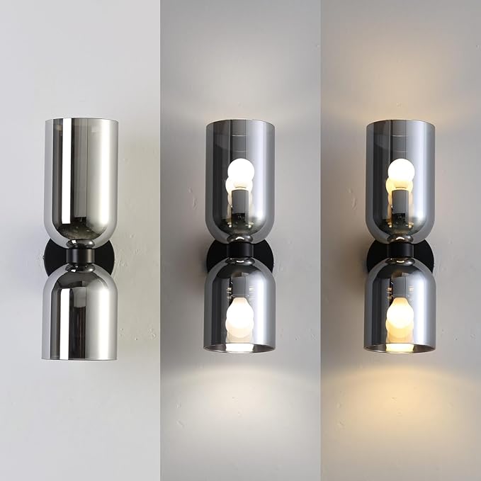 Modern Glass Wall Sconces- Double Head Wall Lighting with Long Short Glass Shades- Bathroom Vanity Light Mid-Century Up Down Hardwired Wall Lamp Indoor for Bedroom Hallway Living (Black-Gray)
