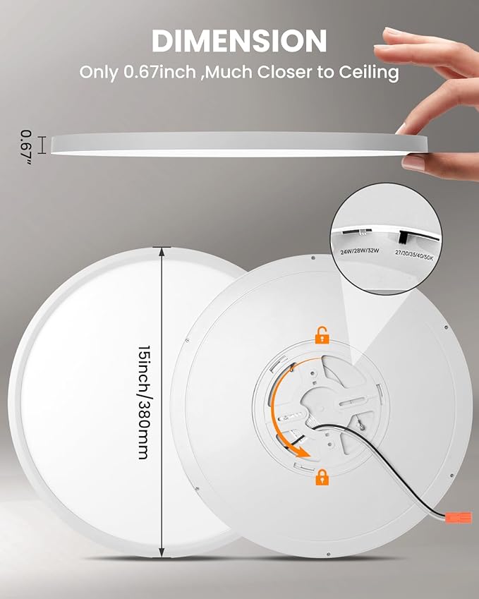 15 Inch LED Ceiling Light - Dimmable 2700-5000K 5CCT Selectable, 32W 3800LM, Round Flat Panel Low Profile Light Fixtures for Hallway, Kitchen, Bedroom, Laundry, 15 Inch 2Pack White