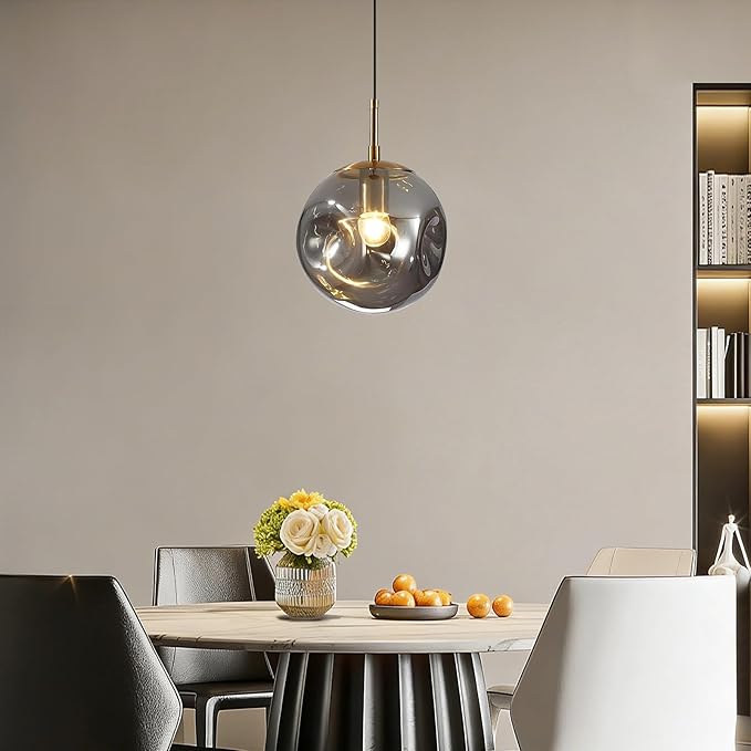 Modern Smoke Gray Concave Glass Pendant Light, Kitchen Island Lighting Single Globe Pendant Light Fixtures Century Kitchen Island Pendant Lighting for Bedroom Living Dining Room Light （Without Bulb）