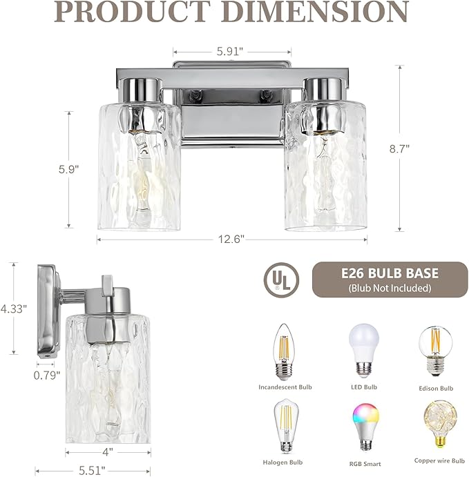2-Light Bathroom Light Fixtures Modern Chrome Vanity Lights with Water Ripple Glass Wall Sconces Over Mirror for Bathroom, Powder Room, Living Room