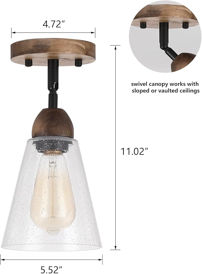 2 Pack Rustic Farmhouse Glass Flush Mount Ceiling Light Fixture Mini Clear Seeded Glass Shade and Oak Wood Semi Flush Mount Ceiling Light for Kitchen Hallway Entryway Sink Farmhouse