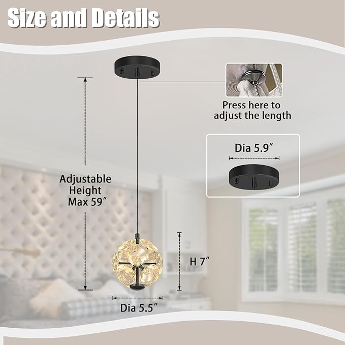 ykolupty Pendant Lights Kitchen Island Crystal Globe Chandelier LED Black Island Light Crystal Pendant Light for Dining Foyer Entrance