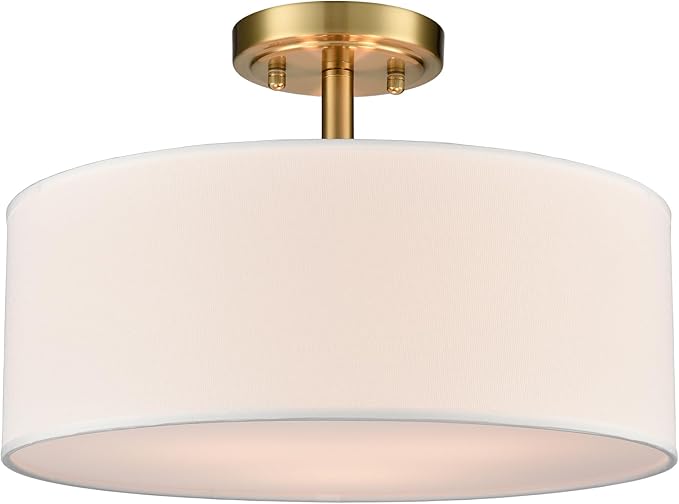 3-Light Gold Semi Flush Mount Ceiling Light Fixture, 15-Inch Drum Light Fixtures Modern Brass Close to Ceiling Light for Bedroom Hallway Living Room Kitchen