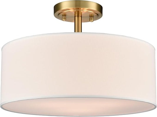 3-Light Gold Semi Flush Mount Ceiling Light Fixture, 15-Inch Drum Light Fixtures Modern Brass Close to Ceiling Light for Bedroom Hallway Living Room Kitchen