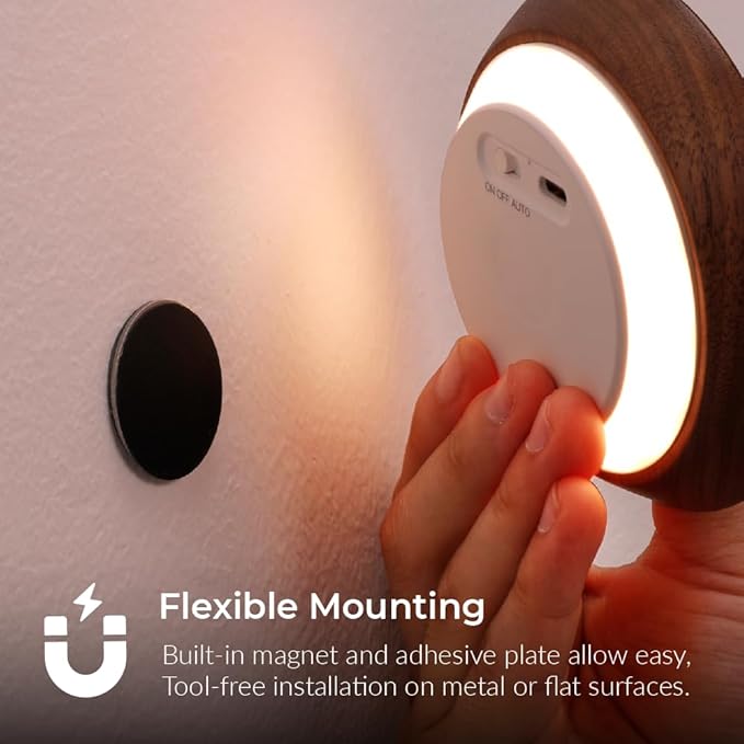 Wood Flower Motion Sensor Night Light, Mini Lamp with Embossed 3D Floral Surface, Rechargeable Warm Light, Stick-On Magnetic Mount for Home Decor, Bedroom, Hallway, Stair (Round Black Walnut *1Pack)