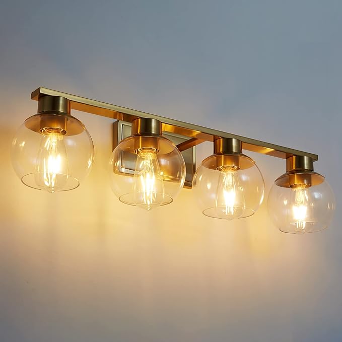 PAZALA Brushed Brass Bathroom Light Fixtures Over Mirror 4-Lights Vanity Light Wall Sconce with Globe Glass Shade, E26 Base, Perfect for Hallway Picture Wall Lighting Bathroom Bedroom Living Room
