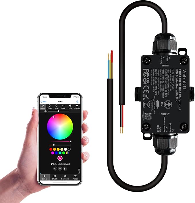 Waterproof ESP32 WLED Controller with Mic , Project for Pool Boat Landscape Outdoor Lights IP65 Dynamic RGB IC DIY Lighting WiFi APP Control for WS2812B DC5-24V RGBW LED Controller (1 Channel)