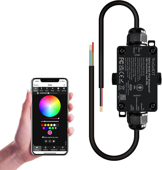 Waterproof ESP32 WLED Controller with Mic , Project for Pool Boat Landscape Outdoor Lights IP65 Dynamic RGB IC DIY Lighting WiFi APP Control for WS2812B DC5-24V RGBW LED Controller (1 Channel)