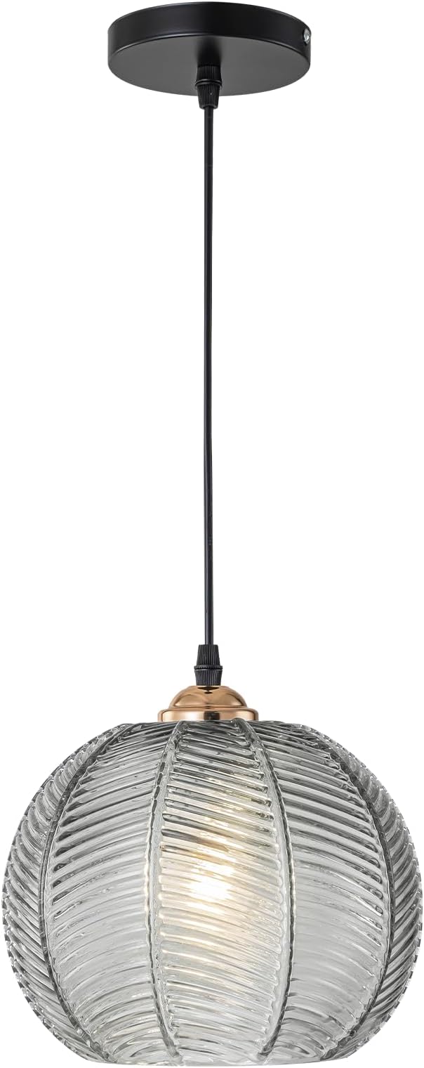 Industrial Hanging Pendant Light, Farmhouse Black and Gold Hanging Kitchen Light Fixture with Gray Ribbed Glass Shade, Modern Pendant Lamps for Kitchen Counter Dining Table Bedroom Home Bar