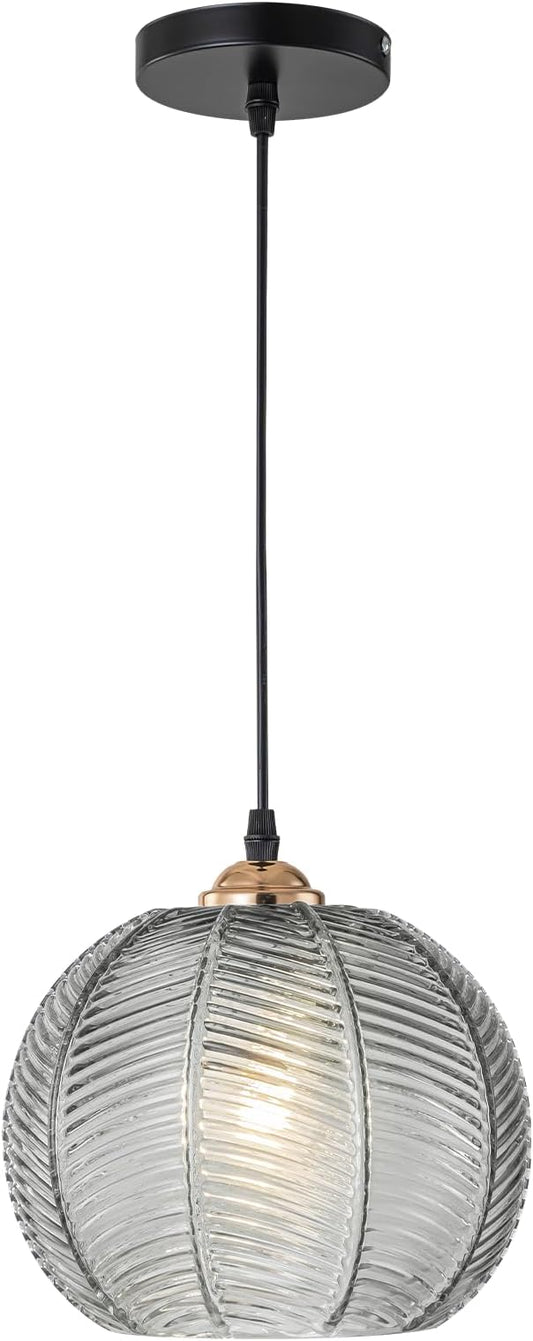 Industrial Hanging Pendant Light, Farmhouse Black and Gold Hanging Kitchen Light Fixture with Gray Ribbed Glass Shade, Modern Pendant Lamps for Kitchen Counter Dining Table Bedroom Home Bar