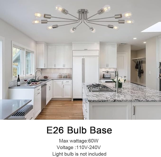 10 Light Sputnik Chandelier Brushed Nickel Ceiling Light Semi Flush Mount Light Ceiling Lamp for Kitchen Dining Room Living Room Foyer