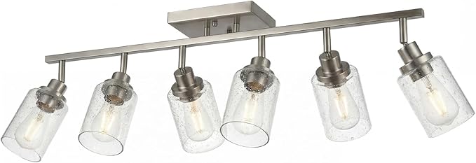 LOUSACE 6-Light Brushed Nickel Track Lighting Fixtures Ceiling Mount Spotlights with Seeded Glass Shade, Modern Bathroom Tracking Vanity Lights for Hallway Kitchen