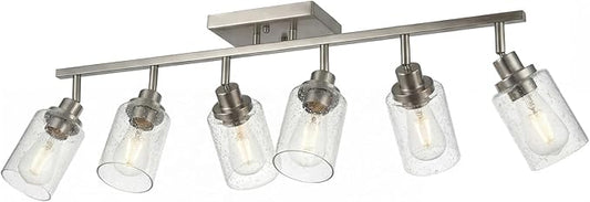 LOUSACE 6-Light Brushed Nickel Track Lighting Fixtures Ceiling Mount Spotlights with Seeded Glass Shade, Modern Bathroom Tracking Vanity Lights for Hallway Kitchen