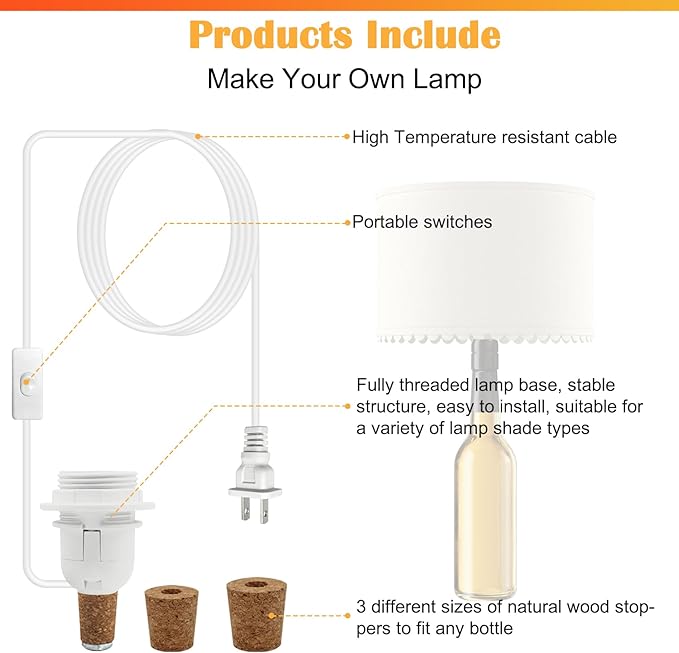 2 Piece Bottle lamp Kit,Bottle Lamp Holder Adapters with 3 Sizes of Corks for Bottles Lights or Any Other Glass Wine Bottles, DIY Wine Bottle Light Kit