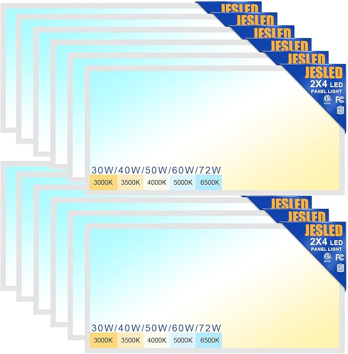 JESLED 12Pack 2x4 led Flat Panel Light, 10800LM, Drop Ceiling Lights Fixture for Office Shop Garage Basement Laundry, 30W/40W/50W/60W/72W Selectable, 5CCT Switchable, 0-10V Dimmable, DLC ETL Listed