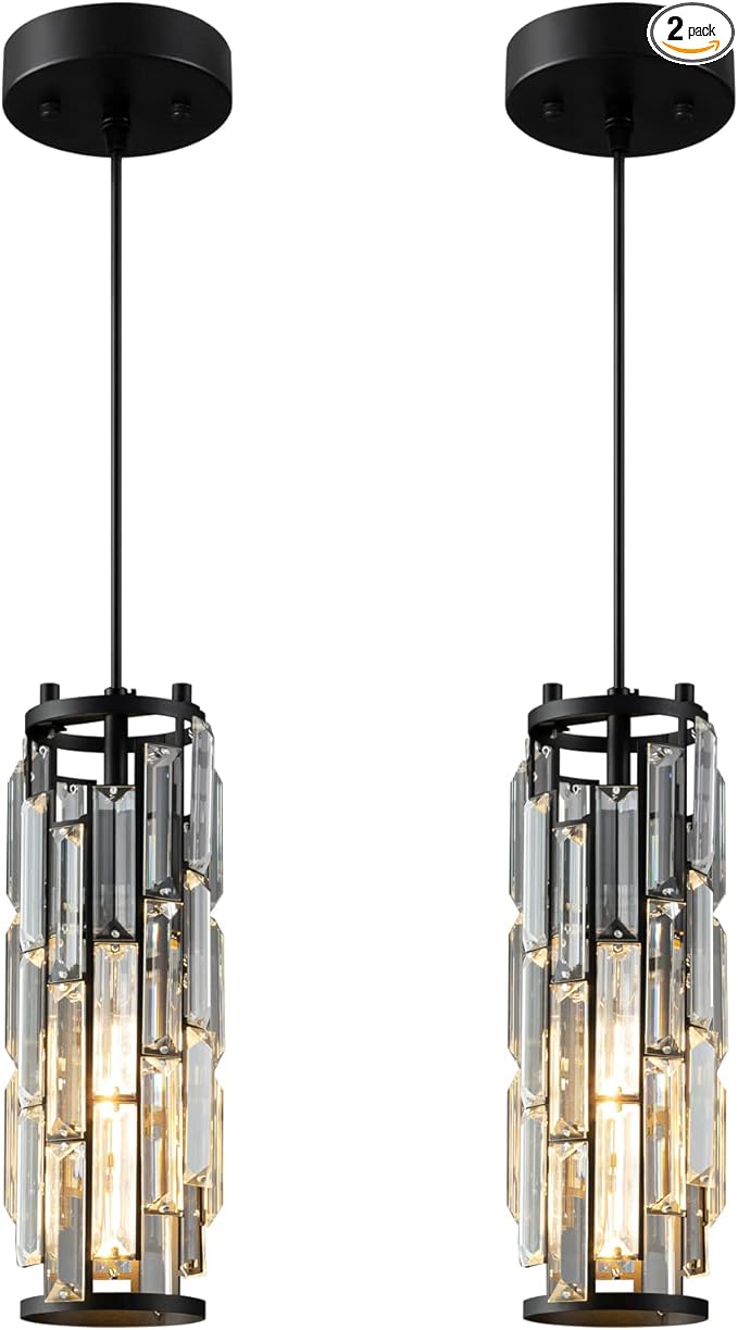 LMQNINE Pendant Lights Modern Black Pendant Light Mini Crystal Chandelier Pendant Lighting for Kitchen Island Dinning Room Bedroom Kitchen Sink Lighting (Black 2-Pack)