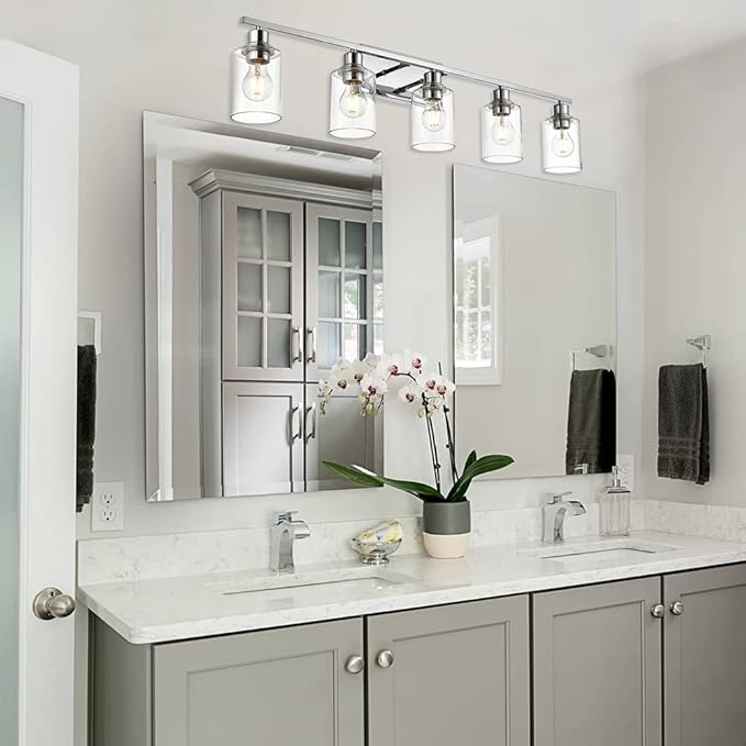 VINLUZ 5 Light Bathroom Lighting Fixture in Chrome Finish,Contemporary Indoor Wall Lights with Clear Cylinder Glass Shade Classic Vanity Light for Stair Entryway Hallway