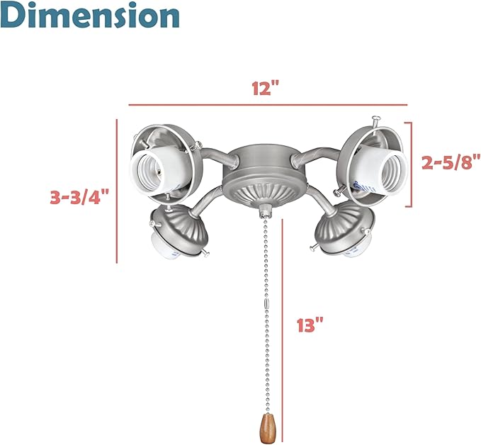 Aspen Creative 22003-11, Four-Light Ceiling Fan Fitter Light Kit with Pull Chain, Brushed Nickel