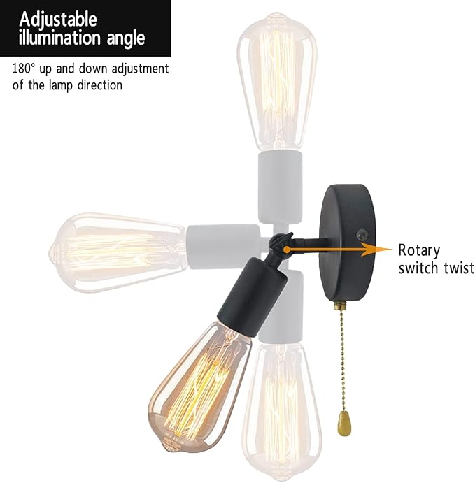 Adjustable Retro Wall Sconce Light with Pull Chain Switch Vintage Black Wall Lights Fixture with On Off Switch E26 Indoor Wall Lamps for Home Bedroom Kitchen Wall Mount ighting, NO Bulb