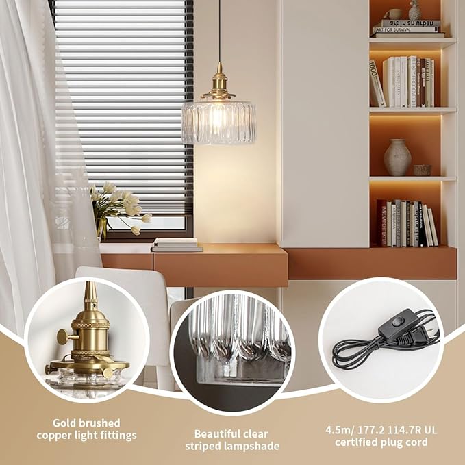 Plug in Pendant Light Clear Glass Striped Pendant Light Fixtures Vintage Glass Hanging Lighting 1-Light with Plug in Cord Mid Century Modern Hanging Lights for Kitchen Island Living Room