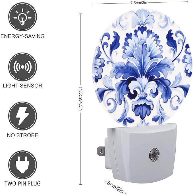 Round LED Night Lights Lamp with Dusk to Dawn Sensor, Beautiful Blue And White Hand-Painted Floral Ornament On The Tile Night Light Plug Into Wall for Kids Room, Bedroom, Bathroom, Kitchen, Hallway