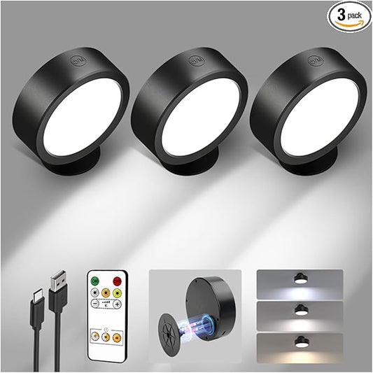 EZVALO LED Wall Mounted Light, 3000mAh Rechargeable Cordless Wall Sconce, Dimmable with Remote & Touch Control, 3 Color Temps, 360° Rotatable for Bedroom, Bedside, Reading(Black, 3Pack)