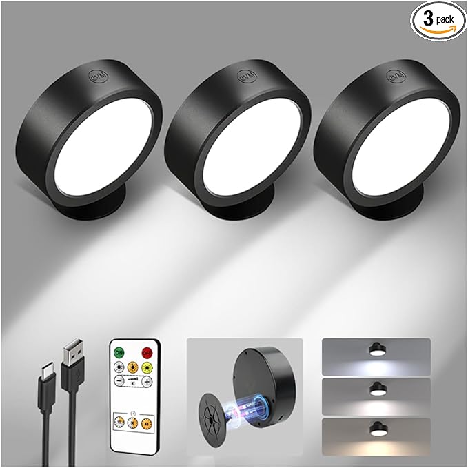 EZVALO LED Wall Mounted Lights, 5500mAh Rechargeable Wall Sconces Lamp, 3 Color Temps & Remote and Touch Control, 360°Rotation Dimmable Cordless Wall Light for Bedroom Reading Study Bedside (3 Pack)