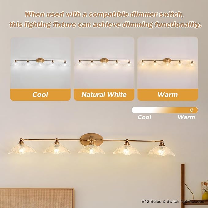 58.65-inch Bathroom Vanity Light, 5-Light Brass Vanity Light, European Classic Luxury Bathroom Mirror Light, E12 Sockets