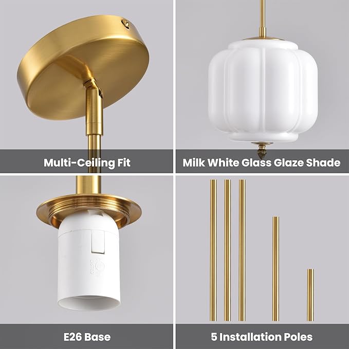 Vintage Milk Glass Pendant Lights 9.8 Inch Mid Century Modern Hanging Ceiling Light, Adjustable Height Kitchen Island Hanging Lights for Dining Room, Kitchen, Hallway and Bedroom, E26 Base