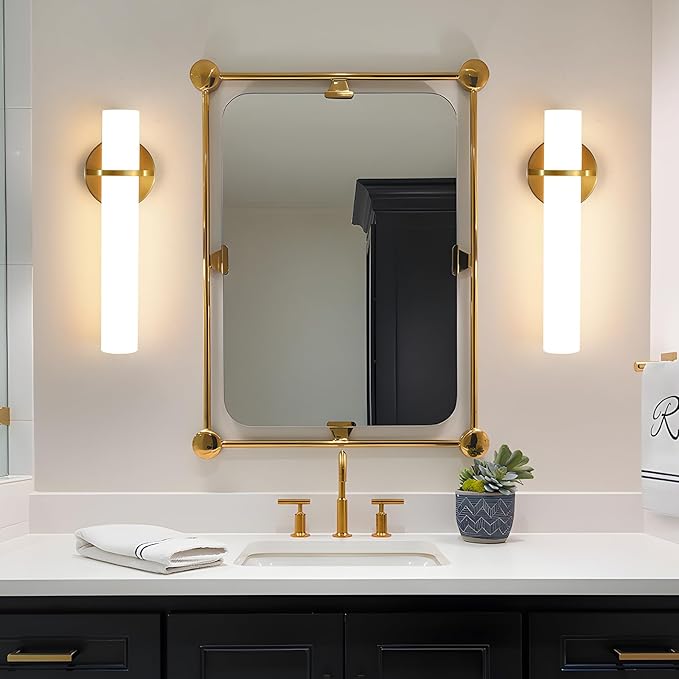AIJIASI Wall Sconces - 15 inch Gold Wall Sconces Set of Two Modern Bathroom Sconce 15W Dimmable LED Wall Sconce Light with Acrylic Lampshade, Bathroom Vanity Light for Mirror Living Room Hallway 3000K