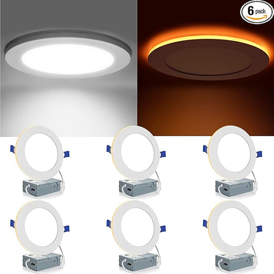 Meconard 6 Pack 6 Inch 5CCT LED Recessed Lighting with Night Light, 2700K/3000K/3500K/4000K/5000K Selectable Ultra-Thin LED Recessed Ceiling Lights, 12W=110W, 1050LM, Dimmable Canless Wafer Downlight