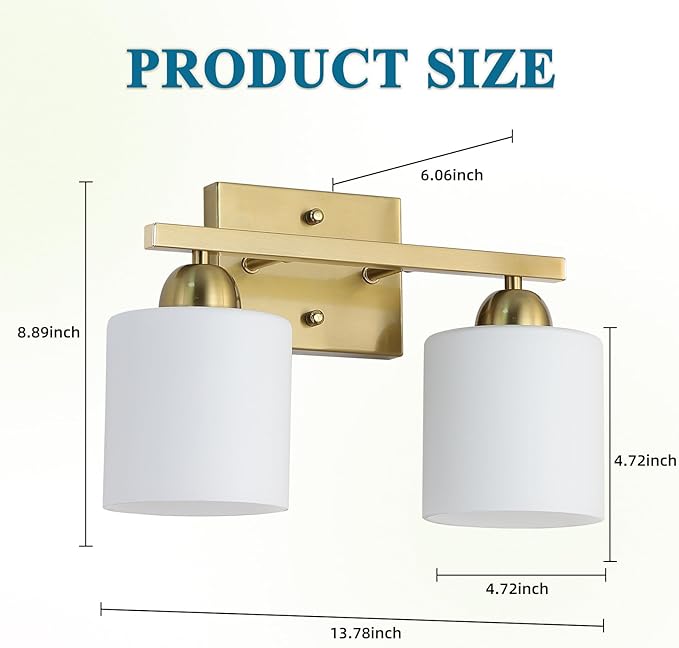 Mecgirn Stainless Steel Milk Glass Vanity Lights for Bathroom, 2 Light Gold Bathroom Light Fixtures Over Mirror, Ceramic E26 Sockets Wall Mounted