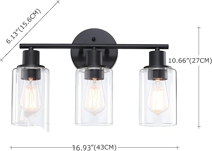 WISBEAM 3-Light Vanity Light Over Mirror, Black Bathroom Wall Light Fixtures with Clear Glass Shade Including E26 Medium Base, Bulb NOT Included