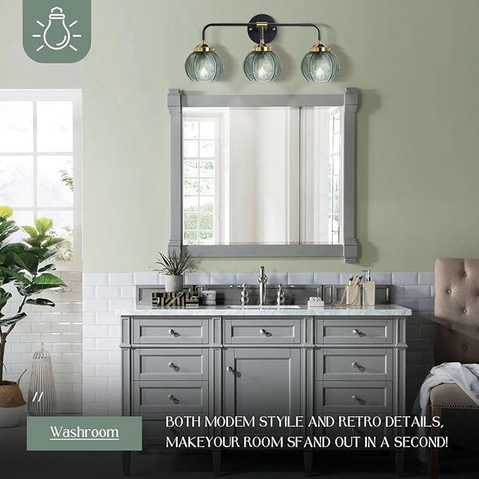 3 Light Bathroom Vanity Light Fixture, Modern Glass Globe Wall Sconce with Ribbed Green Shade, Vintage Wall Lamp for Over Mirror, Bedroom, Hallway, Living Room, 23.6x7.9 inches