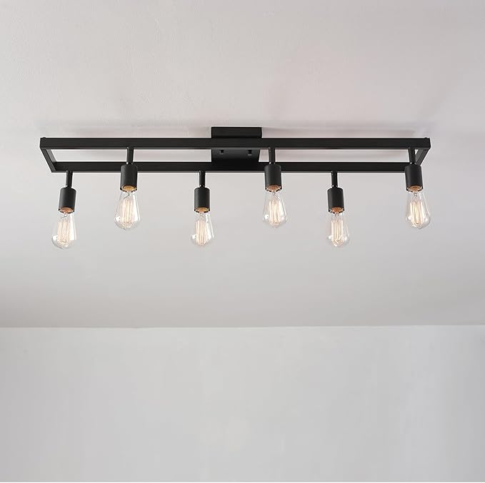 Globe Electric 59811 6-Light Adjustable Track Lighting, Matte Black Industrial Farmhouse Rectangular Frame, Pivoting Heads, E26 Base, Dimmable Ceiling Track Fixture